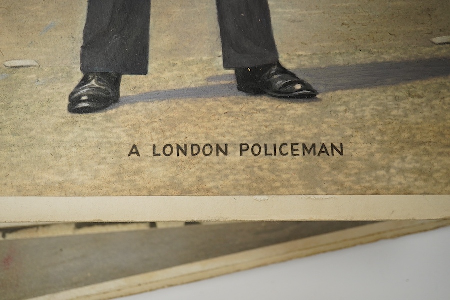 A set of thirteen original hand coloured photographs for postcards, London Pageantry scenes to include Changing the guard at Buckingham Palace, Lifeguards in the mall, London policeman and Yeoman warders at St James Pala